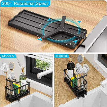 Skiennix Kitchen Sink Sponge Holder - Auto Draining Caddy with Brush Organizer | Stainless Steel Design