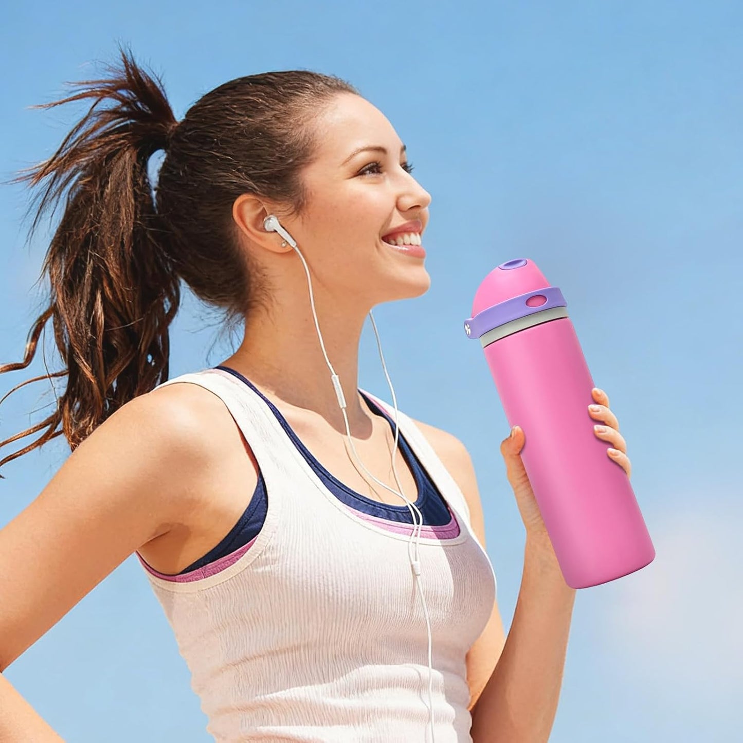 Skiennix 24 oz Insulated Water Bottle - Leak-Proof Stainless Steel with One-Touch Flip Lid & Straw | Pink