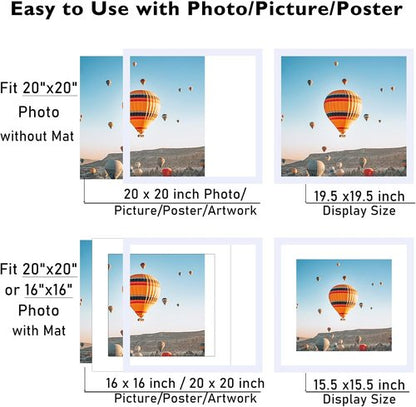 JCJMY 20x20 Picture Frame - White Wall Hanging Frame with 16x16 Mat & Shatter Resistant Plexiglass
