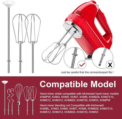 Kitchenaid Hand Mixer Attachments - Stainless Steel Beater, Whisk, Dough Hooks | Set of 6