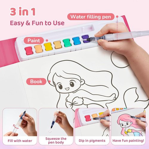 JoyCat Watercolor Painting Set - Paint With Water Coloring Book for Kids Ages 3-8 | Magical Pony Design