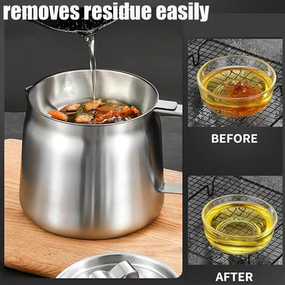 Rose and Teddy Stainless Steel Fryer, 53/70oz Large Capacity 2 in 1 Oil Strainer Pot, 304 Stainless Steel Fryer and Oil Filter with Strainer for Kitchen Storing Cooking (2L/70oz)