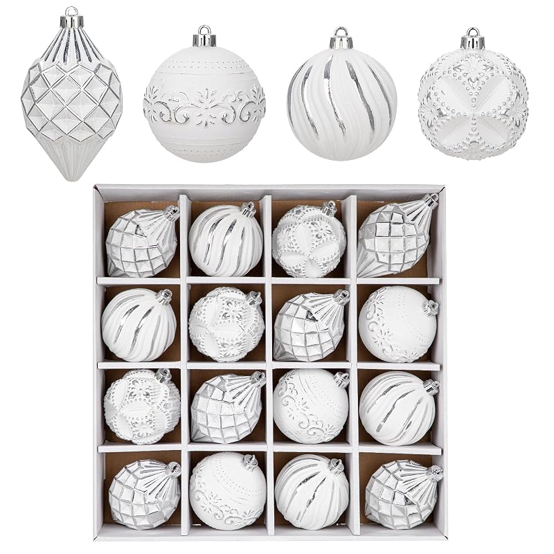 White Variation 16Pcs Shatterproof Christmas Ornament Set - Hand-Painted Assorted Sizes & Designs