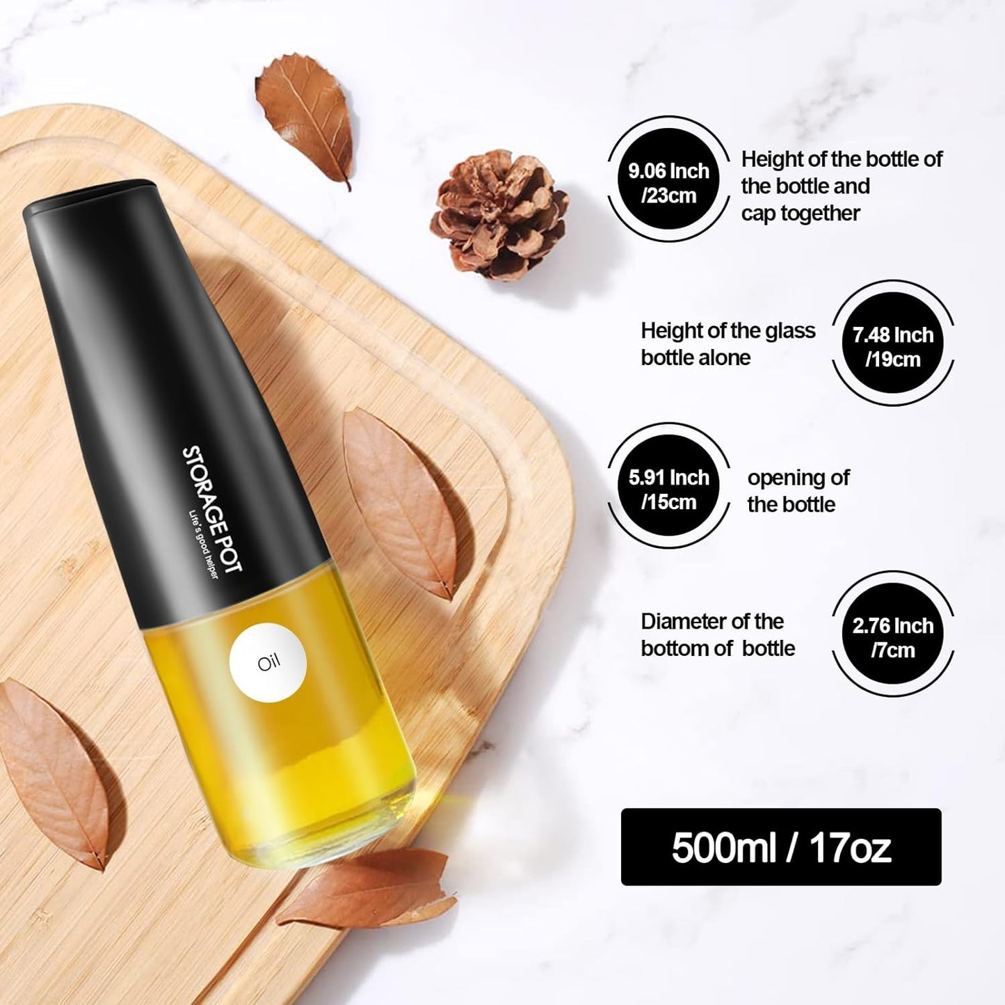 YARRAMATE Olive Oil Dispenser - Large Capacity 500ml | Leak-Proof Glass Drizzler in Black