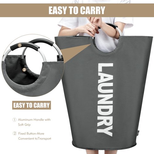 DOKEHOM 95L Large Laundry Basket, Collapsible Laundry Bag, Freestanding Tall Clothes Hamper, Foldable Washing Bin (Dark Grey)