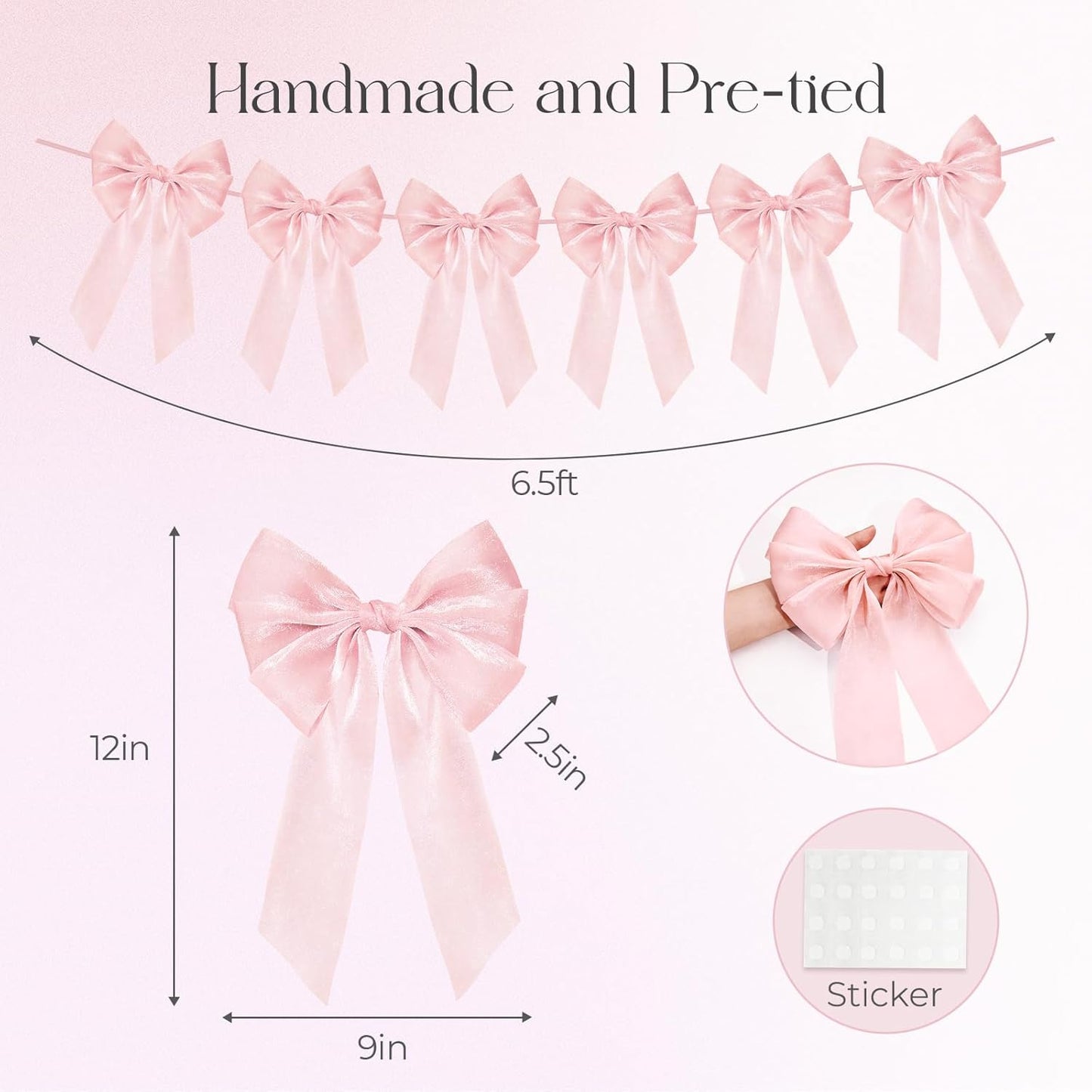 Skiennix 6.5ft Pink Bows Garland Banner - 6 Pre-Strung Bow Decorations for Birthday & Baby Showers