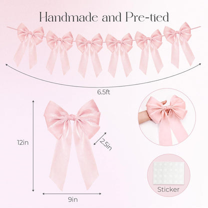 Skiennix 6.5ft Pink Bows Garland Banner - 6 Pre-Strung Bow Decorations for Birthday & Baby Showers