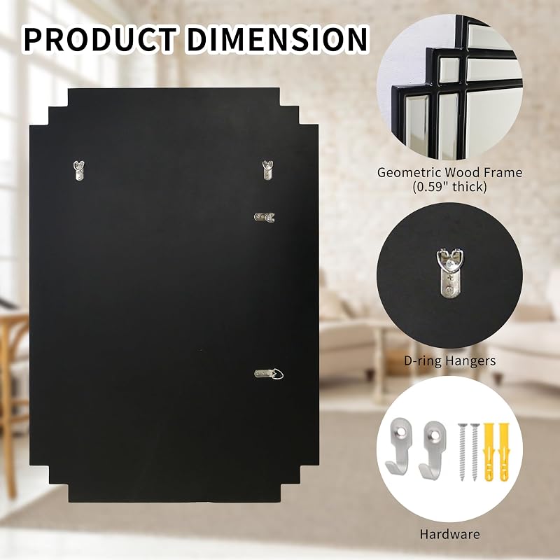 36x24 Black Wood Framed Beveled Mirror - Geometric Wall Mirror, 36"L x 24"W - Variation: Black+36"L x 24"W