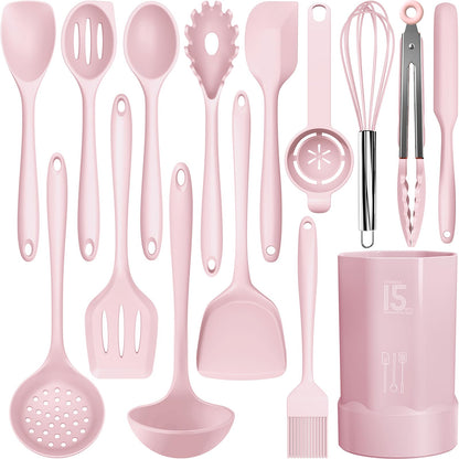 Silicone Cooking Utensils Set - 446°F Heat Resistant Kitchen Utensils,Turner Tongs,Spatula,Spoon,Brush,Whisk,Kitchen Utensil Gadgets Tools Set for Nonstick Cookware,Dishwasher Safe BPA Free(Pink)