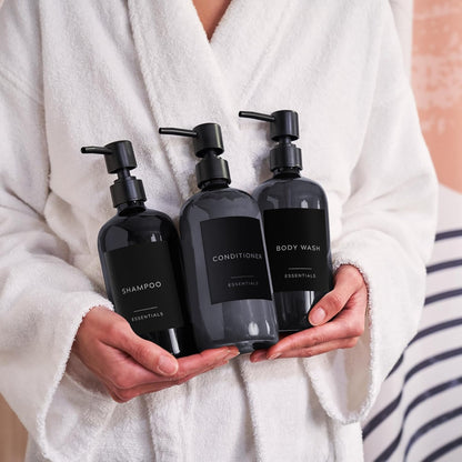 Stylish Shampoo and Conditioner Dispenser Set - Modern 21oz Black Shower Soap Bottles with Pump & Labels