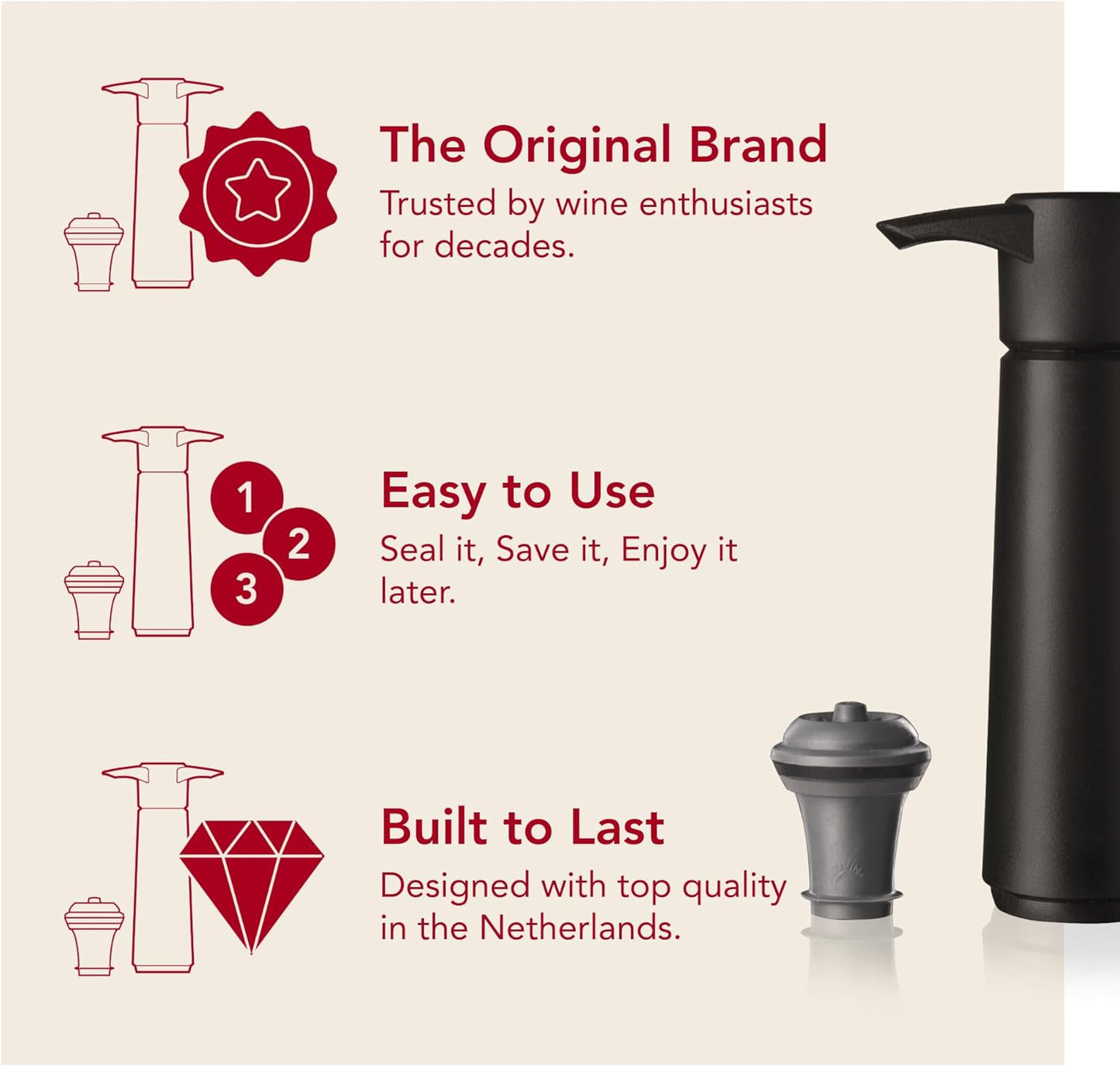 Vacu Vin Original Wine Saver with 11 Vacuum Bottle Stoppers – Black Wine Preserver Pump for Red or White Wine – Manual Air Remover System – Airtight Seal – Keep Wine Fresh Longer