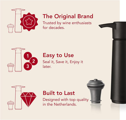 Vacu Vin Original Wine Saver with 11 Vacuum Bottle Stoppers – Black Wine Preserver Pump for Red or White Wine – Manual Air Remover System – Airtight Seal – Keep Wine Fresh Longer