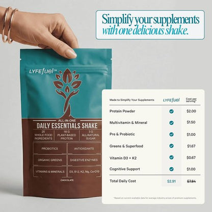 LyfeFuel Essentials Nutrition Shake - Plant-Based Protein Powder Meal Replacement | 18g Vegan Protein, 50+ Superfoods, 27 Vitamins & Minerals, Low Carb, Gluten-Free | 24 Servings Chocolate