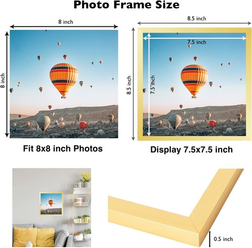 JCJMY 8x8 Gold Picture Frame - Versatile Wall & Tabletop Display | Durable Shatter-Resistant Plexiglass