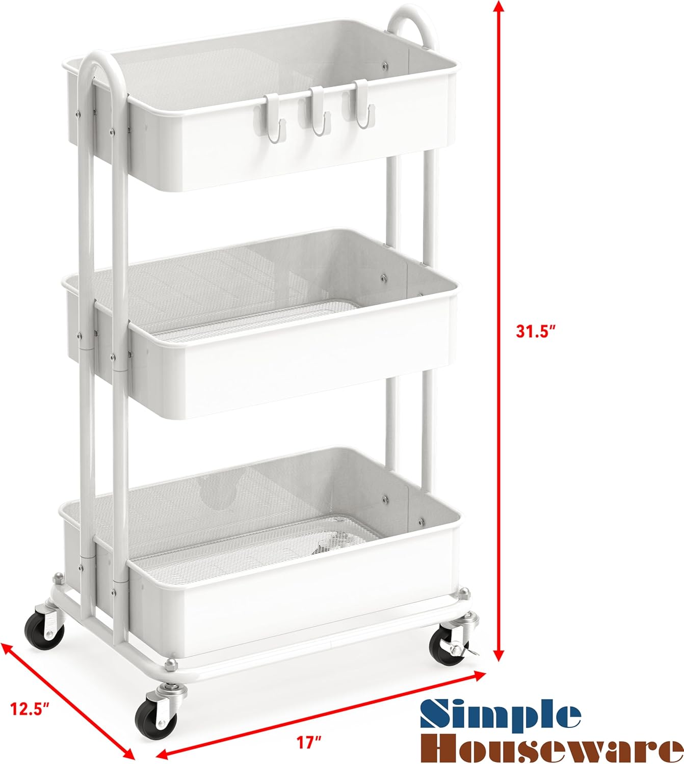 Simple Houseware 3-Tier Heavy-Duty Metal Utility Rolling Cart - Versatile Storage Solution in White