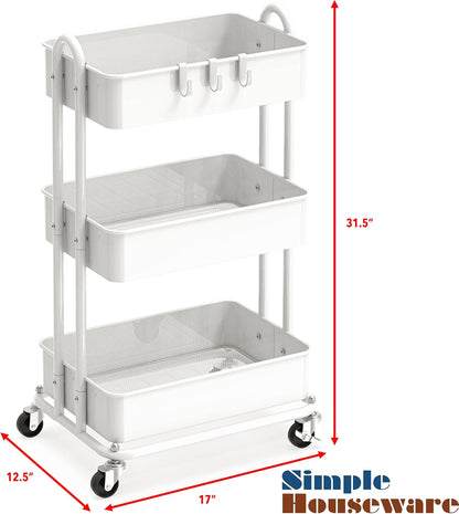 Simple Houseware 3-Tier Heavy-Duty Metal Utility Rolling Cart - Versatile Storage Solution in White