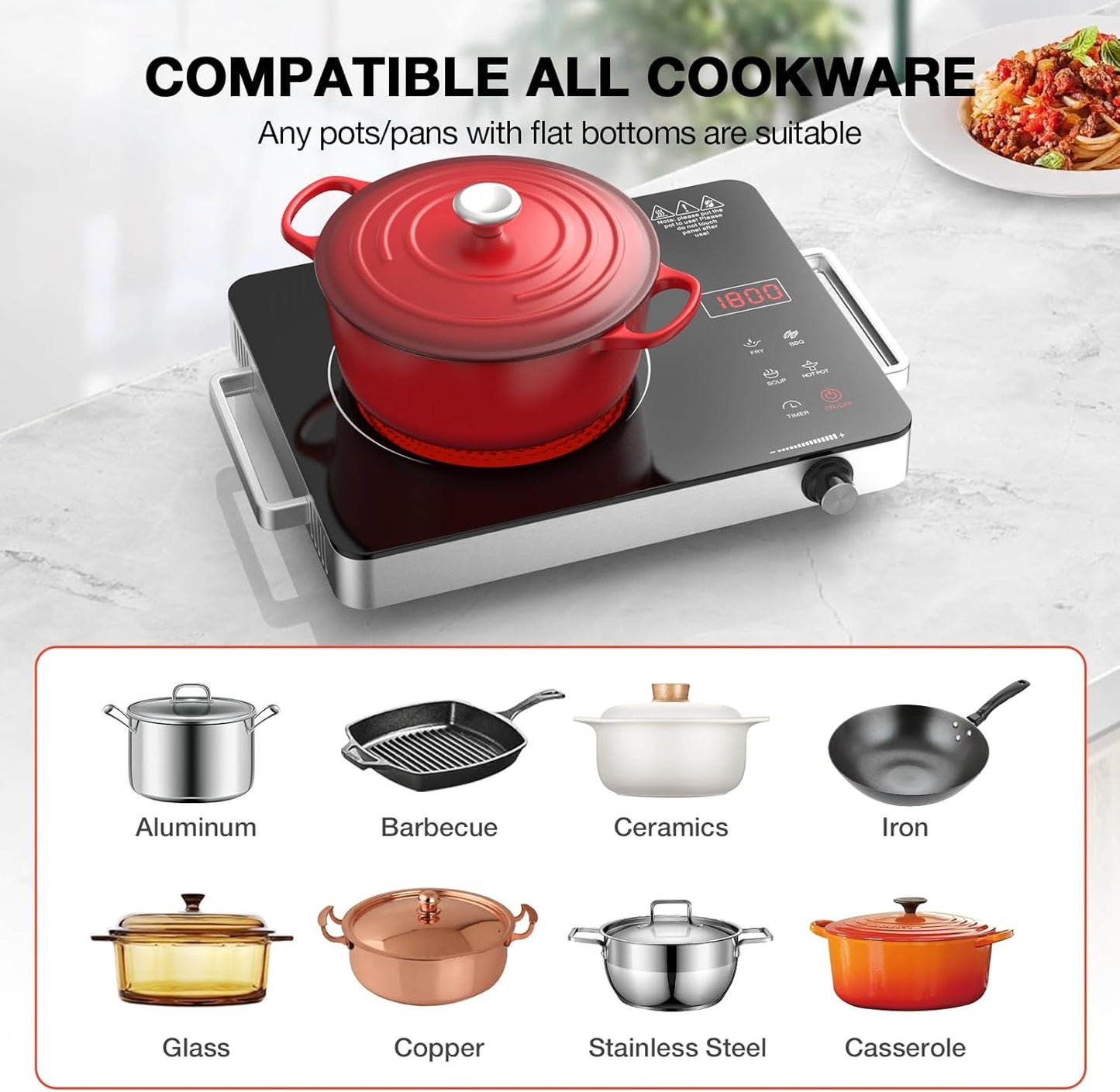 Nafewin Portable Electric Cooktop - 1800W Infrared Single Burner with Knob Control & 4-Hour Timer