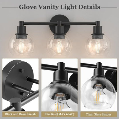 Espird 3 Lights Bathroom Vanity Light Fixtures Black, Bathroom Lights Over Mirror, Industrial and Farmhouse 3 Lights Wall Sconce, Matte Black Globe Vanity Lighting Fixtures