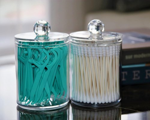 DAPOWER Qtip Holder Storage Canister - 10-Ounce Clear Plastic Apothecary Jar for Cotton Balls & Swabs