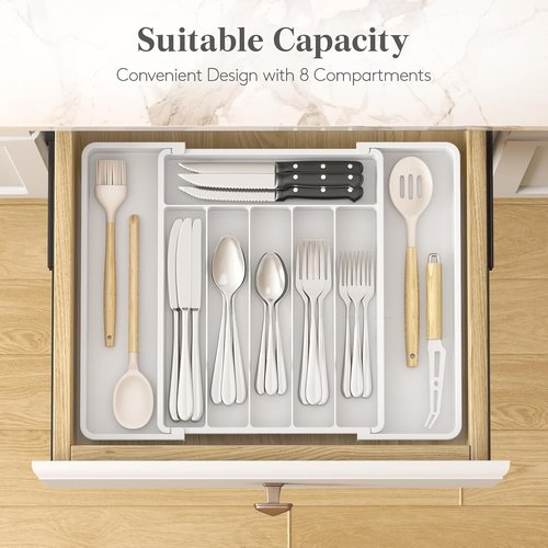 Lifewit Expandable Silverware Drawer Organizer - BPA-Free Utensil Tray for Kitchen | Adjustable 10.9"-17.5" x 13.7" - White