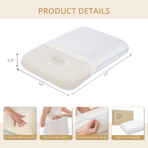 EGOHOME Bed Pillow Standard Size - Memory Foam Made in USA - for Side, Back and Stomach Sleepers, Neck Support with Washable & Removable Cover, Medium Soft, 1 Pack