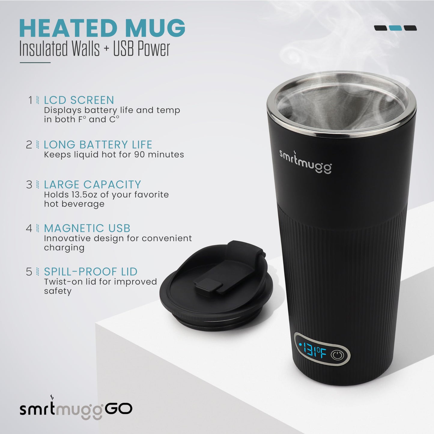 SMRTMUGG GO Heated Coffee Mug, Travel Mug, 13.5 OZ. Smart Mug, Battery Powered Heated Coffee Mug, Great for Coffee and Tea, Snap on Magnetic Charging Cord, New and Improved (Black)