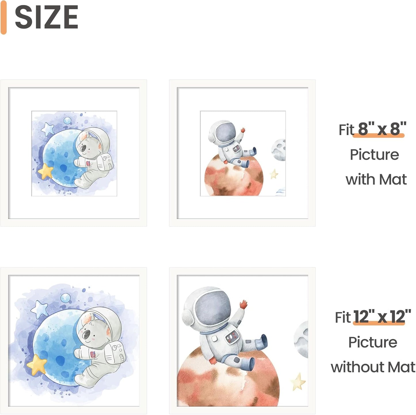Upsimples 12x12 Picture Frame - Display 8x8 Photos with Mat or 12x12 Without | White, 1 Pack