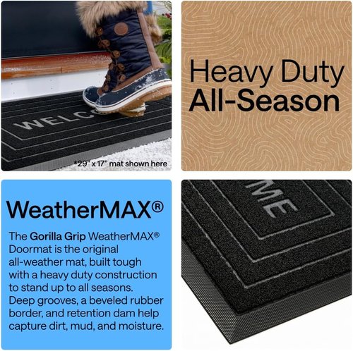 Gorilla Grip 100% Waterproof All-Season WeatherMAX Doormat - 47x35, Stain & Fade Resistant, Easy Clean Black