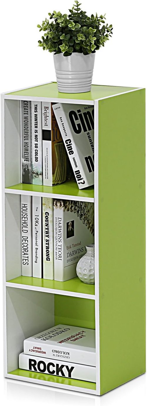 Furinno LUDER 3-Cube Bookshelf - Easy Assembly Bookcase with Open Shelves | White/Green, 9.3 x 12 x 31.5