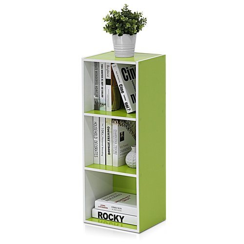 Furinno LUDER Book Shelf, 3-Cube Bookshelf, Bookcase with Open Shelves, 9.3 x 12 x 31.5, Easy Assembly, for Living Room, Bedroom, Home Office, White/Green