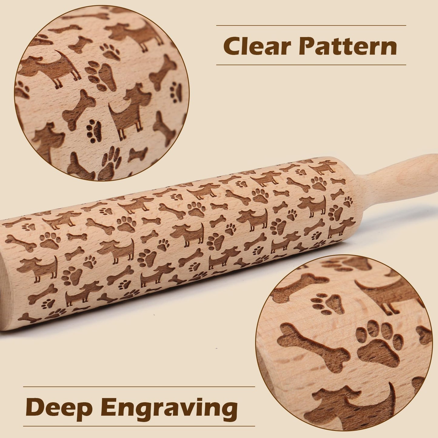 Embossed Rolling Pin for Baking Cookies Embossing Rolling Pins with Design Wooden Engraved Springerle Roller Pin Dough Animal Patterned Clay Pottery Ceramic Stamp Mold Gifts Bakers Women Kids (Dog)