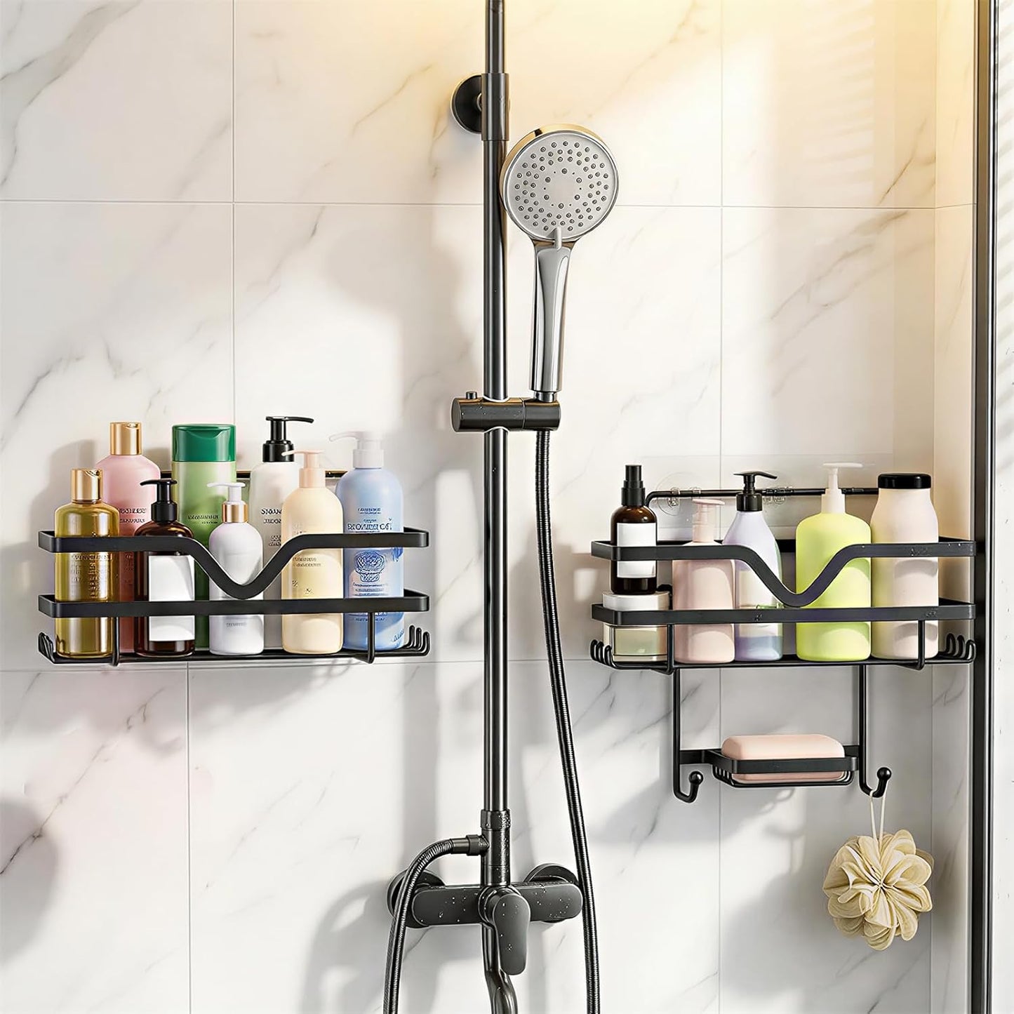 Skiennix Shower Caddy 3 Pack - Rustproof No Drill Organizer Shelves with Soap Dish & Hooks | Black