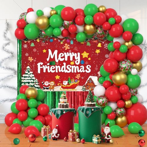 AIBIIN Christmas Balloon Arch Kit - 105pcs Friendsmas Party Decorations with Merry Banner & Foil Curtain