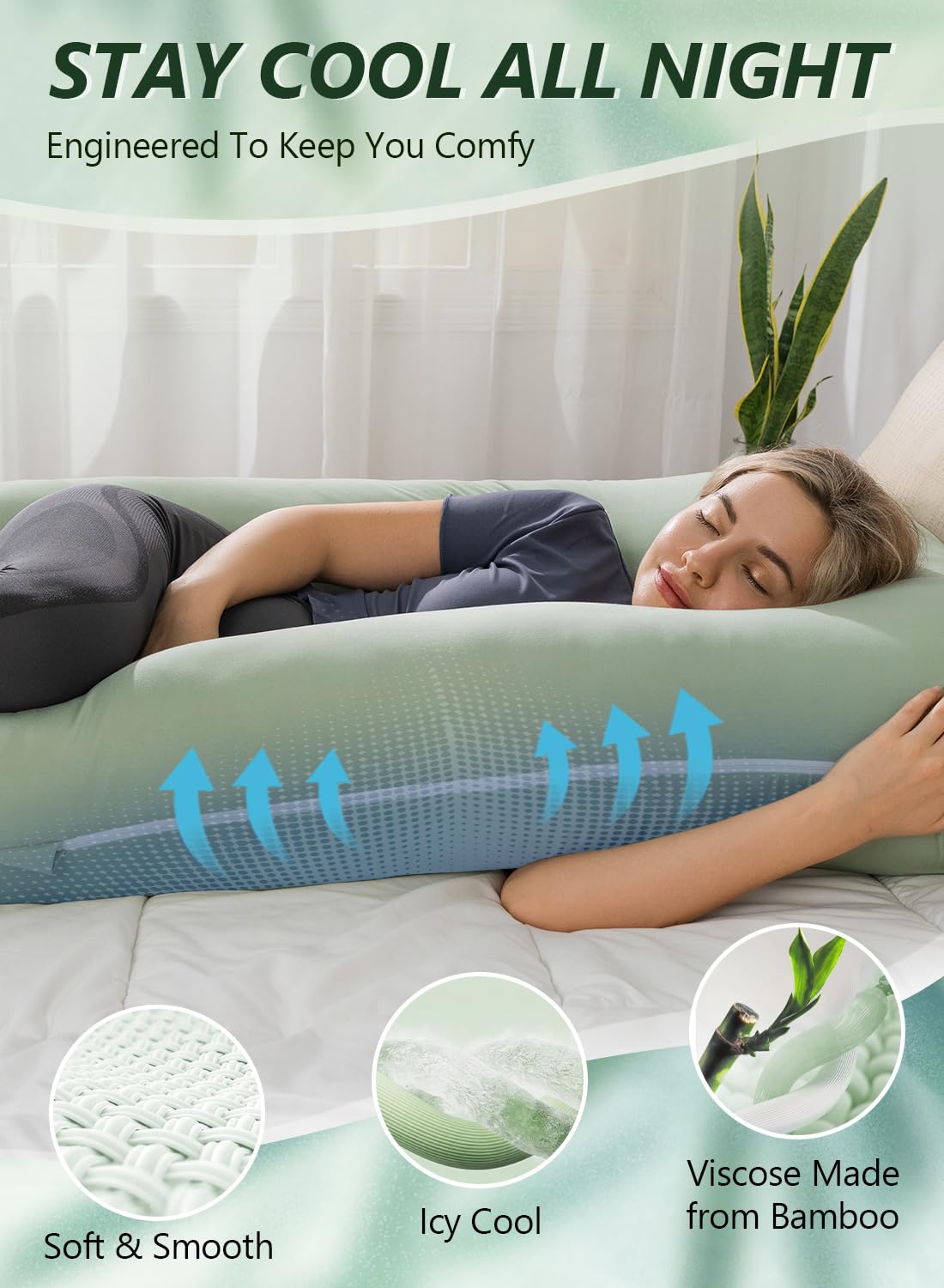 Meiz U-Shaped Pregnancy Pillow - Cooling Maternity Body Pillow for Comfort | 55 Inch Sage Green Rayon Cover