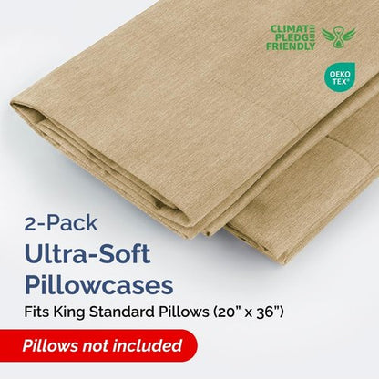 King Standard Pillow Cases - Ultra-Soft Hotel Quality Covers | Fade-Free & Wrinkle Resistant - 2 Piece Set in Heathered Tan
