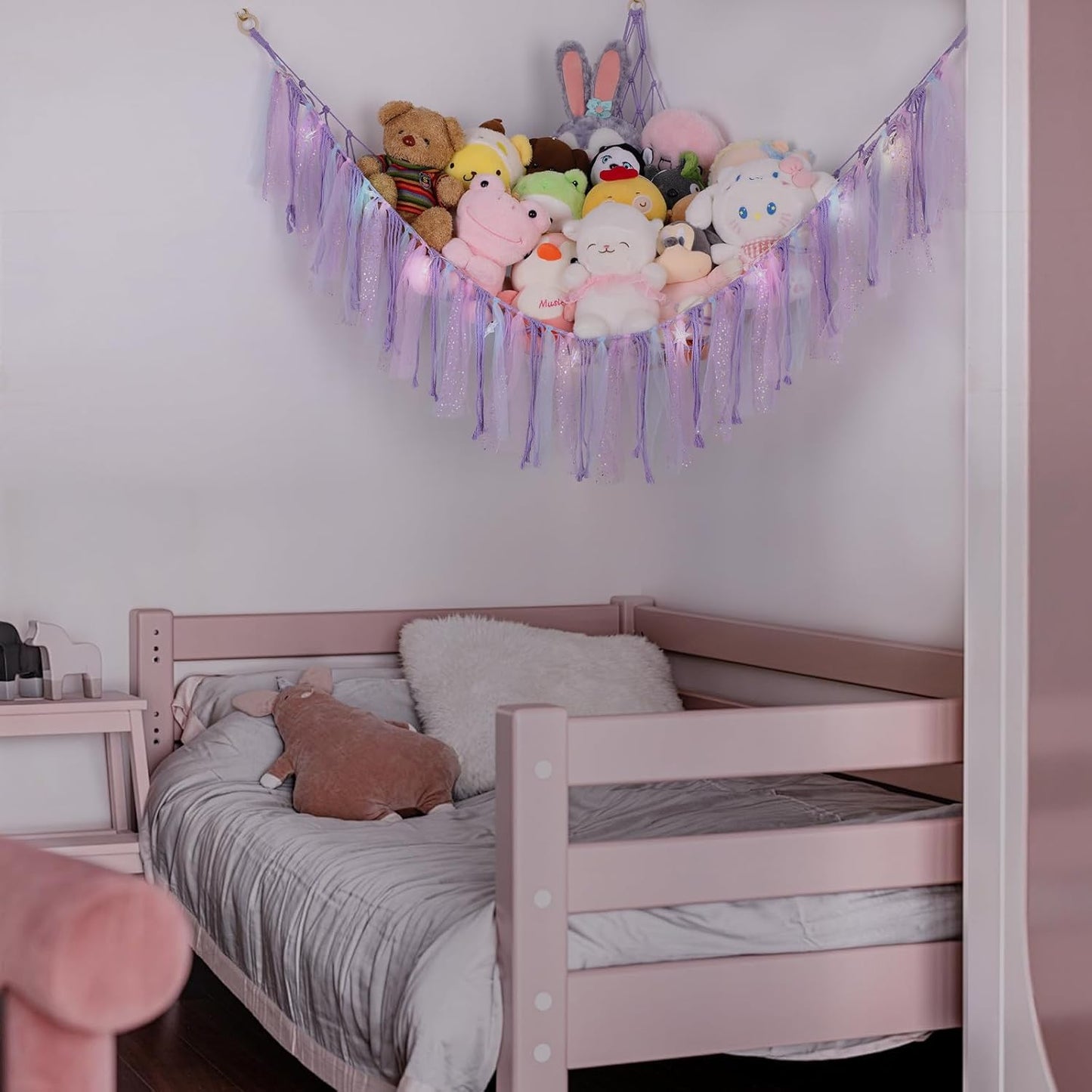 Stuffed Animal Hammock by [Brand Name] - 59-Inch LED Toy Storage Net for Kids' Bedroom | Wall-Mounted Plush Organizer in Handwoven Purple