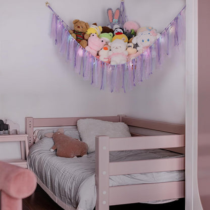 Stuffed Animal Hammock by [Brand Name] - 59-Inch LED Toy Storage Net for Kids' Bedroom | Wall-Mounted Plush Organizer in Handwoven Purple