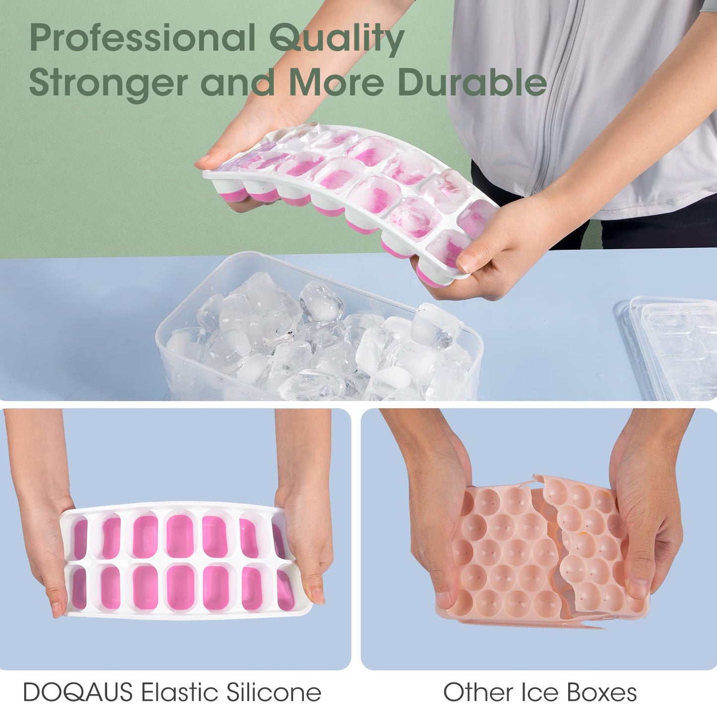 DOQAUS Ice Cube Tray with Lid and Ice Bucket, Silicone Ice Cube Trays for Freezer with Ice Box, 4 Pack Ice Trays with Ice Container for Cocktails, Stackable Ice Maker with Storage Ice Bin