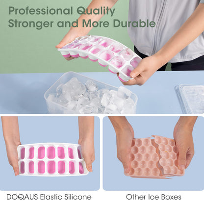 DOQAUS Ice Cube Tray with Lid and Ice Bucket, Silicone Ice Cube Trays for Freezer with Ice Box, 4 Pack Ice Trays with Ice Container for Cocktails, Stackable Ice Maker with Storage Ice Bin