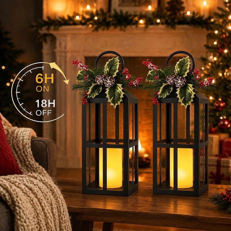 Bdor Christmas Lanterns 2 Pack with LED Candles - Red Variation