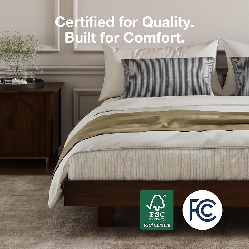 Novilla Walnut Finish Floating Queen Bed Frame with Motion Sensor LED Light & USB-C Power Station