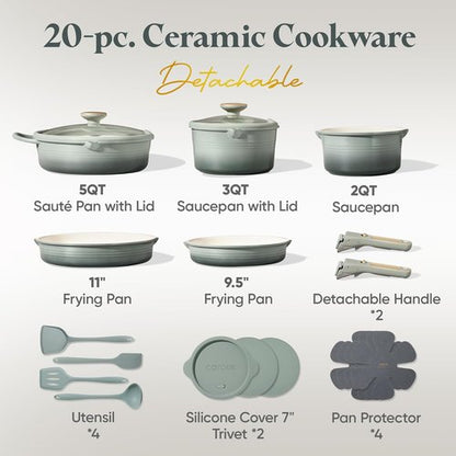 CAROTE 20-Piece Titanium Cookware Set - Non-Stick Pots and Pans with Detachable Handle | Induction & Dishwasher Safe