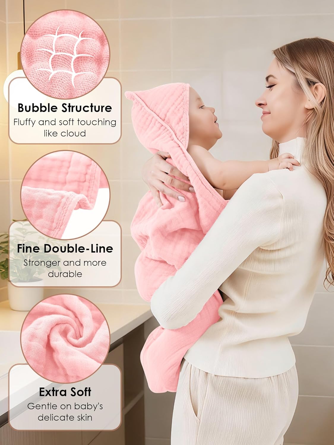 Skiennix Muslin Hooded Baby Bath Towels - Ultra-Soft 100% Cotton - 3 Pack, 32x32 Inch, Pink Series