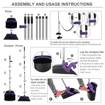 UDUK Broom and Dustpan Set, Large Household Dustpans and Broom with 55 Inch Long Handle, Pueple Broom with Dustpan Combo Set for Home