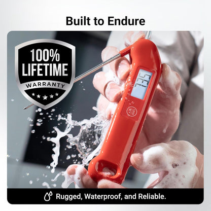 Professional Meat Thermometer - NIST Certified Accuracy ±0.5℉ | Instant Read, Waterproof, Auto-Rotate Display, Red