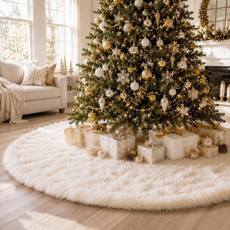 YEAHOME 72" White Faux Fur Christmas Tree Skirt – Snowy Plush Holiday Decor (Variation: White+72 inch)