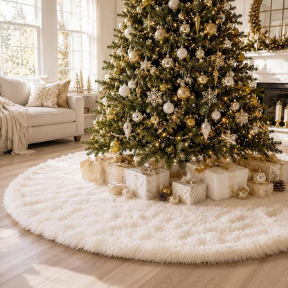 YEAHOME 72" White Faux Fur Christmas Tree Skirt – Snowy Plush Holiday Decor (Variation: White+72 inch)