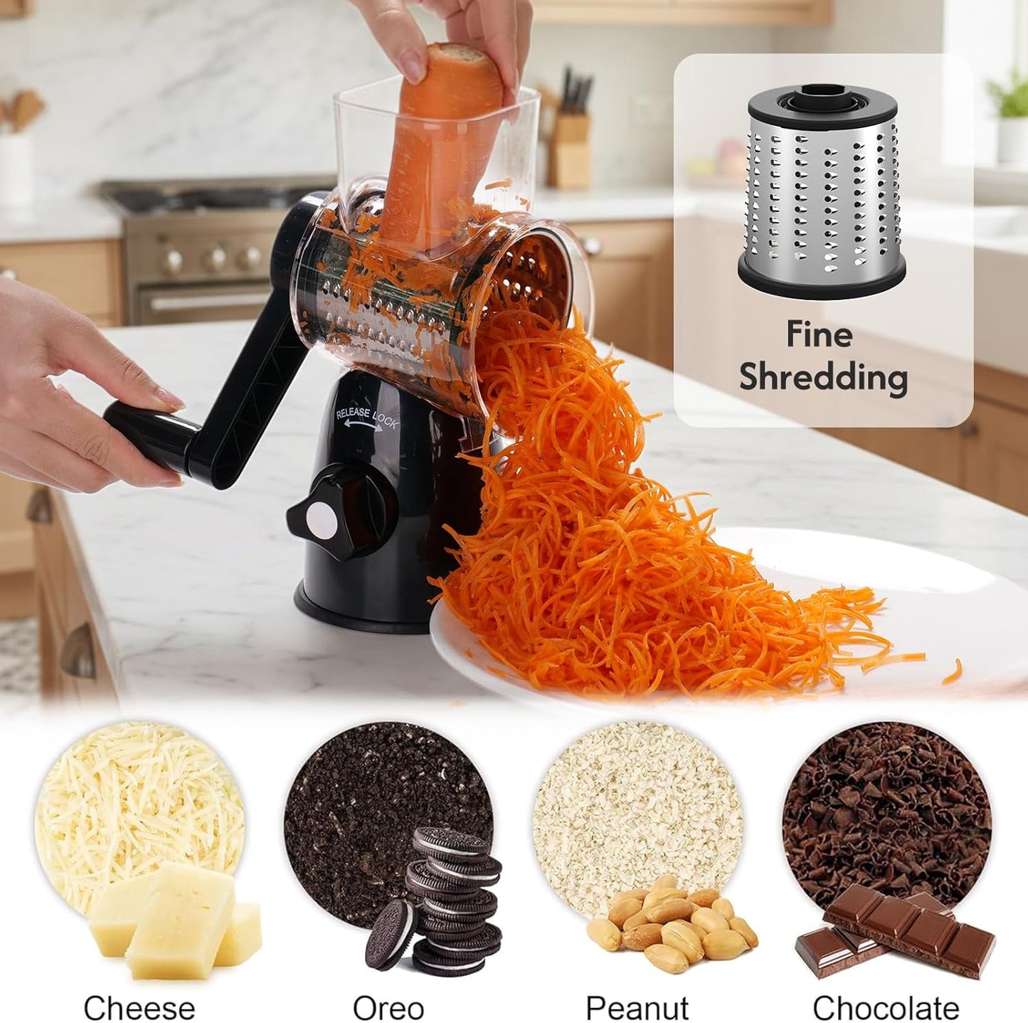 Rotary Cheese Grater - 3-in-1 Shredder with Hand Crank | Non-Slip Suction Base, Food Grade, Black