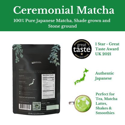 Heapwell Superfoods Japanese Single Origin Ceremonial Matcha Green Tea, 30g (1.06 oz) - Award-Winning 1-Star Great Taste 2021, Kagoshima Sourced