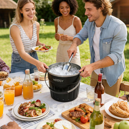 WATERSY Insulated Ice Bucket（8 Quart / 7.6 L） with Lid, Scoop, Ice Tong，Wall Vacuum Stainless Steel, Black